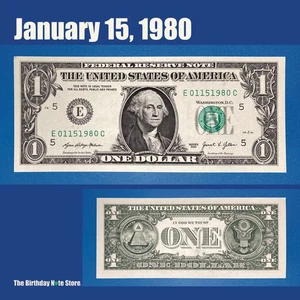 January 15, 1980 Birthday Anniversary $1 One Dollar Bill Serial Number 01151980 - Picture 1 of 2