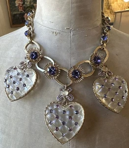 Betsey Johnson Tzarina Puffy Lucite Heart Necklace Rare Statement Vintage Crysta - Picture 1 of 14