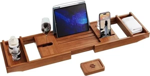 Teak Bathtub Tray, Wooden Bath Tub Tray Expandable Teak Bath Caddy with Book and - Picture 1 of 6