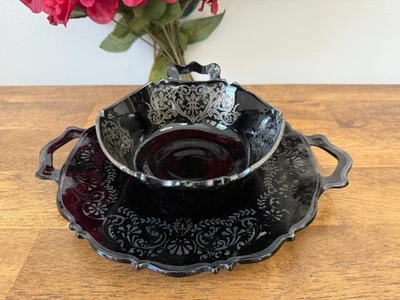 Vintage Black Amethyst Etched Glass Bowl and Plate Set Elegant Art Deco Serving - Image 1 of 4