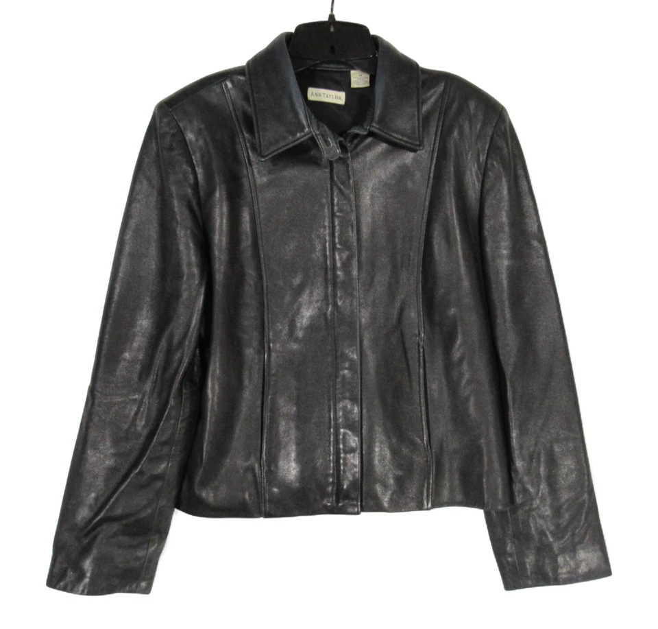 Jaqueta bombardeiro vintage anos 90 ANN TAYLOR preta couro genuíno macio com zíper bolsos tamanho M - Imagem 1 de 4