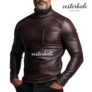 Men's Brown Leather Turtle Neck Shirt | Genuine Lambskin Handmade Slim Fit Top - Picture 1 of 2