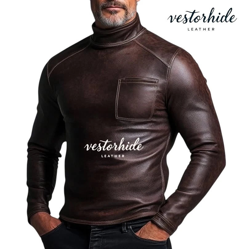 Men's Brown Leather Turtle Neck Shirt | Genuine Lambskin Handmade Slim Fit Top - Image 1 of 2