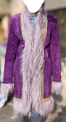 purple color suede leather mongolian fur women long coat vintage trim outerwear - Image 1 of 4