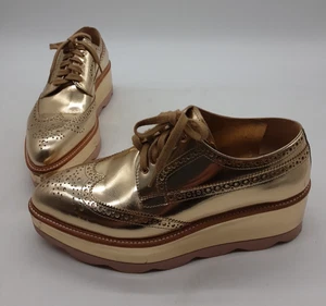 Prada Gold Leather Lace up Platform Brogues UK 7 EUR 40 - Picture 1 of 12