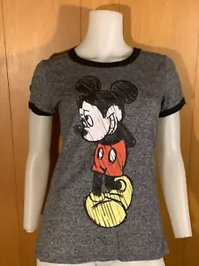 NW DISNEY MICKEY MOUSE GRAY TRIMMED T-SHIRT TOP RINGER Front & Back Print Medium - Picture 1 of 2