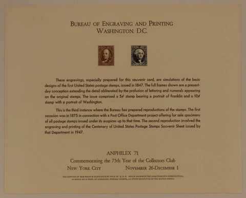 Engraved Reproduction Souvenir Card ANPHILEX '71 Washington and Franklin Cover
