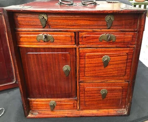 Antique Chinese Apothecary Specimen Cabinet 3 Locks 6 Drawer Figural Brass Locks - Picture 1 of 10