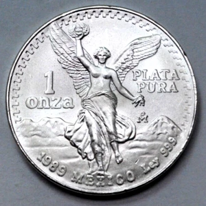 1989 UNC 1 Oz 999 Fine SILVER MEXICO Libertad Pura Plata Rare Limited Coin Round - Picture 1 of 3