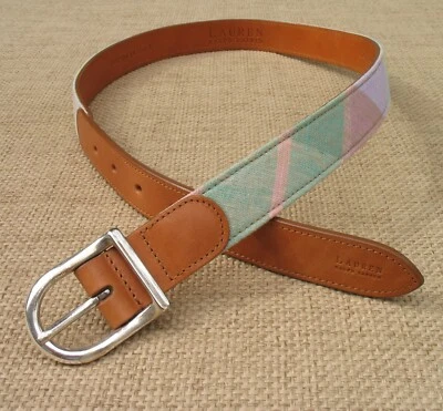 女式 M 码 Lauren Ralph Lauren 缝合格子面料皮革腰带 — 第 1/4 张图片
