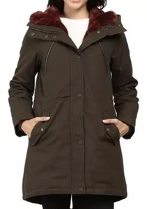 Vince Camuto X5611 Olive Contrast Faux Fur Trimmed Hooded Parka Women's Size L - Picture 1 of 6