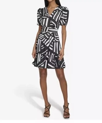 Karl Lagerfeld Dress Women's 10 Black & White Geometric Puff Sleeve Knee Length - Image 1 of 4