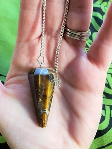 Natural Tigers Eye Pendulum with Bead / Multi-faceted Point Pendulum / 6 Sided - Picture 1 of 9