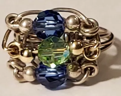 Anillo esculpido de alambre azul y verde con cristales de Swarovski plata de ley 14 kGF talla 7 Foto 1 de 4
