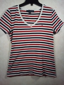 Tommy Hilfiger Top Women M Red White Blue Striped V-Neck Short Sleeve - Picture 1 of 7