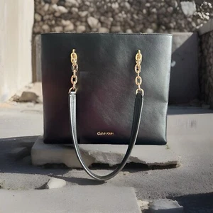 Calvin Klein MEDIUM Top Zip Chain Tote One Size, Black/Gold/NWT - Picture 1 of 4
