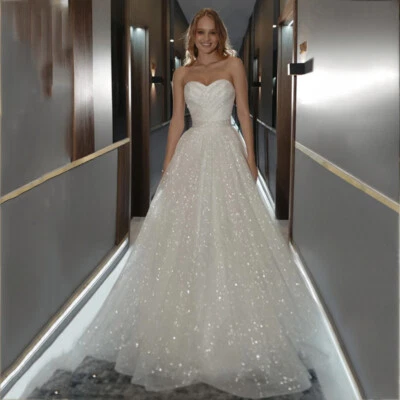 Vestido de noiva princesa de tule brilhante sem alças com cadarço nas costas laço linha A vestido de noiva - Imagem 1 de 4