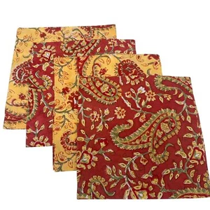 POTTERY BARN Block Print Napkins Set of 4 Cotton Red Yellow Paisley Retired RefB - Picture 1 of 10