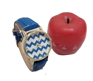 Analog Circular Watch Blue Gold Tone Zig Zag Stripe Pattern Generic Faux Leather - Picture 1 of 1