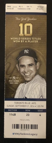 2014 NY Yankees 15,000 HR’s Ticket Stub 9/21/2014 Yogi Berra Exc+ Cover
