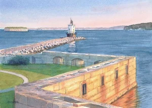 Spring Point Ledge Lighthouse, Fort Preble, Fort Gorges Maine Watercolor Prints - Picture 1 of 2