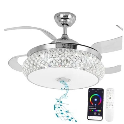  Retractable Ceiling Fan with Light, Low Profile Bluetooth Chrome Modern - Image 1 of 4