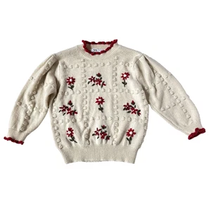 Zara Womens S Pom Pom Sweater Floral Red Cream Ruffle Knit Embroidered Flowers - Picture 1 of 6