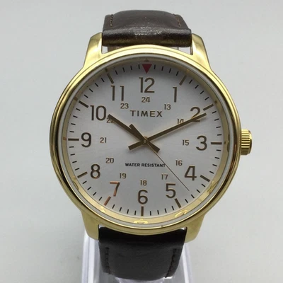 Timex Classic Mens 43mm Gold Tone Case Brown Leather TW2R85600 New Battery - Image 1 of 4