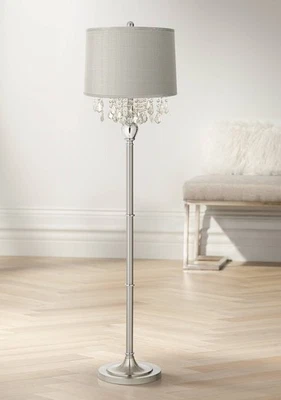 Modern Floor Lamp Satin Steel Crystals Platinum Gray Silk Shade for Living Room - Image 1 of 3