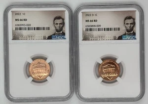 2022 P & D Lincoln SHIELD Cent 2 Coin Set 1c NGC MS 66 RD 🔥SCHÖN ROT🔥 - Bild 1 von 2