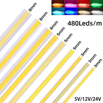 12V 24V 5M 16.4ft COB 480leds/m LED Flexible Strip light Tape Lights Bar Room - Image 1 of 4