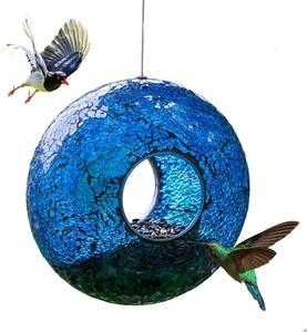 Elegant Blue Hanging Circle Glass Bird Feeder for Garden and Yard Decor - Picture 1 of 15
