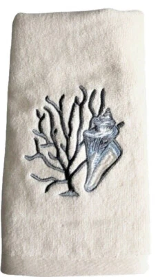 Traditions Shell Coral Ivory Embroidered Hand Towel Bathroom Summer Beach House - Image 1 of 4