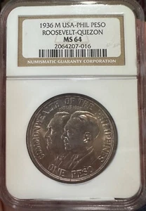 1936M Roosevelt-Quezon US-Philippines 1 Peso Silver Coin NGC MS64 - Picture 1 of 6