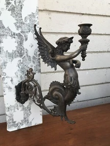 Pair of ANTIQUE Bronze Brass winged Mermaid Siren Art Deco Nouveau Candelabras - Picture 1 of 5