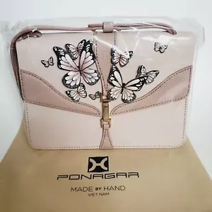 Borsa a tracolla donna Ponagar fatta a mano in pelle beige tracolla laterale farfalla - Foto 1 di 9