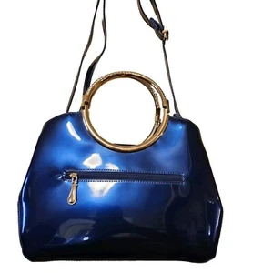 Purse Leather Messenger Bag Ladies Shoulder Carry Bag Blue Goldtone Zipper - Picture 1 of 11