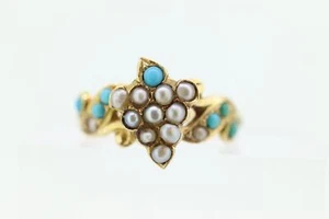 Viktorianischer 10k Türkis Cabochon und Perle Saatring. 10k Victorian ornate Vine - Bild 1 von 9