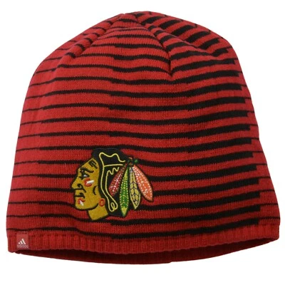Chicago Blackhawks Adidas NHL Black Striped Red Knit Hockey Beanie Winter Hat - Image 1 of 2