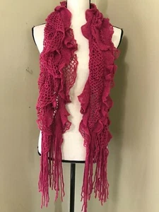 Dark Pink Fuchsia Ruffle Acrylic Crochet Knit NECK SCARF wrap shawl boho fringe - Picture 1 of 4