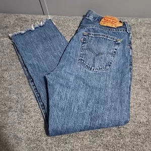 Levi 501 Denim Jeans Mens 34x30 (Fits 34x27) Blue Button Fly Straight Cut Offs - Picture 1 of 13