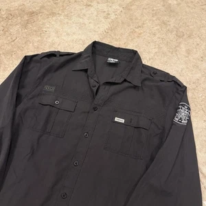 Vintage MECCA Button Up Shirt Mens XL Black Gray Short Sleeve 90s Y2K Hip Hop - Picture 1 of 8