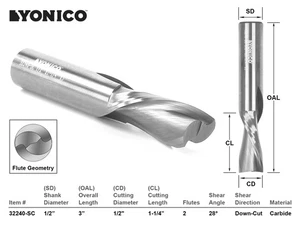 1/2" Dia. 2 Flute Downcut CNC Router Bit - 1/2" Shank - Yonico 32240-SC - Picture 1 of 1