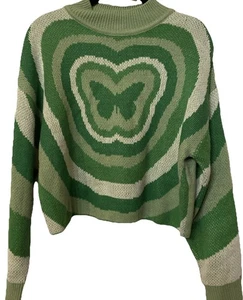 DIVIDED H&M Pullover Gr. S grün weiß Schmetterling cropped kastig Strickpullover bequem - Bild 1 von 7
