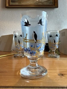 4 Antike Jugendstil Gläser Pokale Emaillie Malerei Schwalben um 1900 - Picture 1 of 10