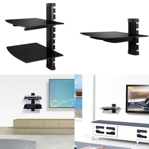 2 TIER GLASS SHELF WALL MOUNT UNDER TV CABLE BOX COMPONENT DVR DVD BRACKET BLACK - Picture 1 of 30