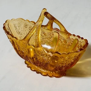 Vintage Amber Depression Glass Basket Candy Dish Daisy & Button - Picture 1 of 6