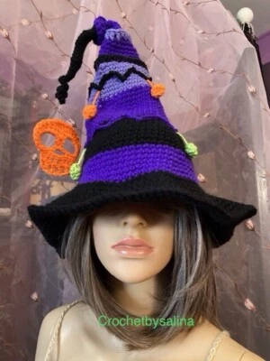 Witch Hat Crochet Black Purple Festival Halloween Party Boho 15 Crochetbysalina - Image 1 of 3