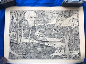 Vintage Pointillist Surrealist Print 1974 DICK BOAK 16.75x23 In. Garden of Eden - Picture 1 of 14