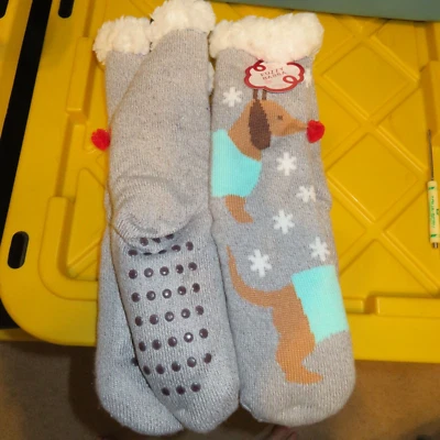 Dachshund Perro Agarres Antideslizantes Cuerno Imitación Piel Zapatilla Calcetines Difusos Bubba Nuevos con Etiquetas Foto 1 de 4